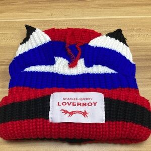 Women Red, Blue & Black Striped Knit Beanie